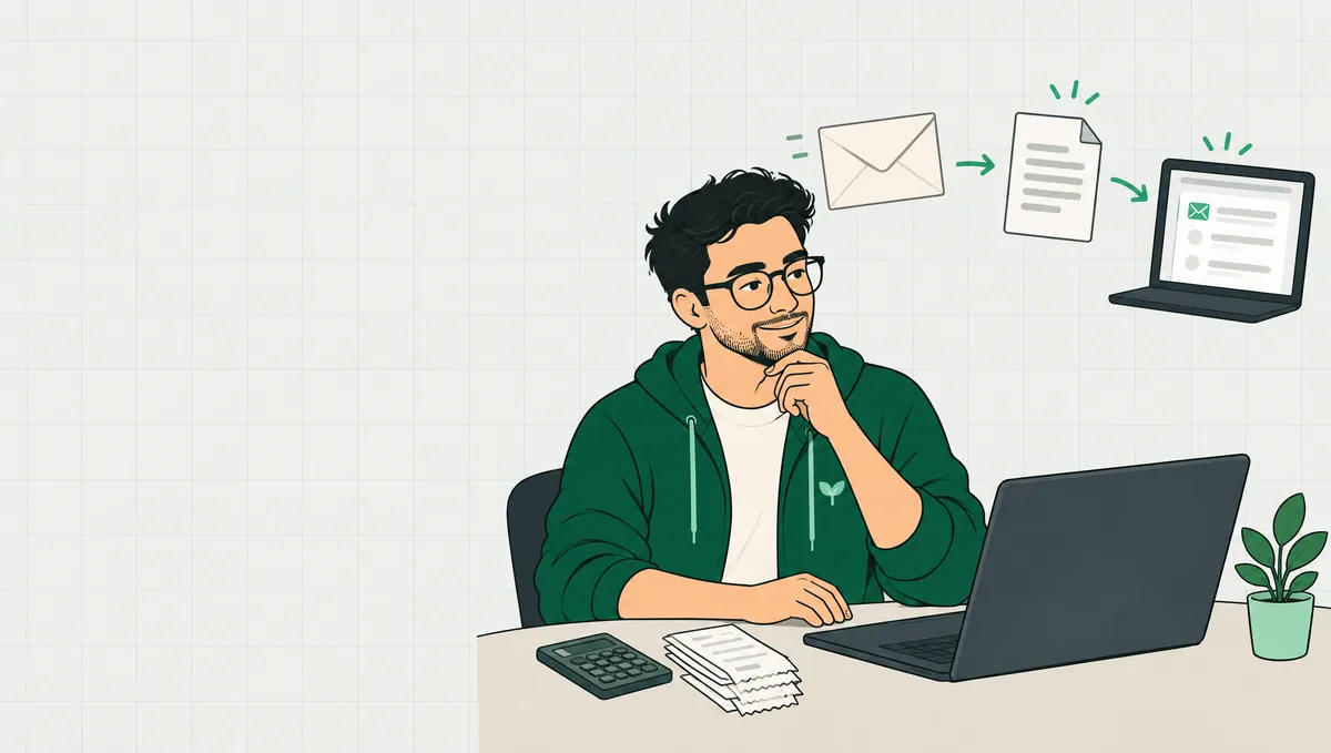 KI-generierte Illustration: Ein Techniker sitzt am Laptop und sieht zu, wie sich ein Papierbrief in ein digitales Dokument verwandelt und im Posteingang landet, daneben liegen ein Taschenrechner und ein Stapel Belege.