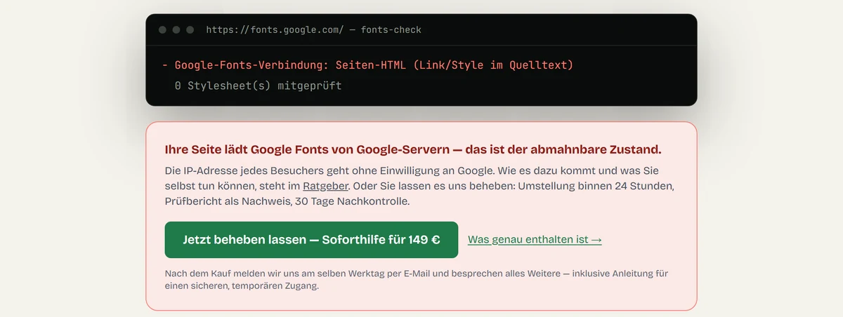 Ergebnis des Google-Fonts-Checkers mit rotem Befund