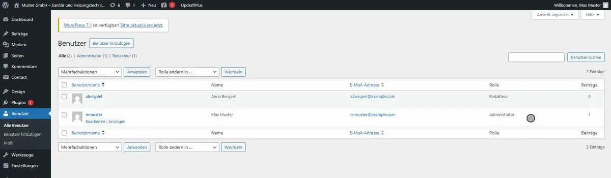 Die Benutzerliste im WordPress-Backend, gefiltert auf Administratoren