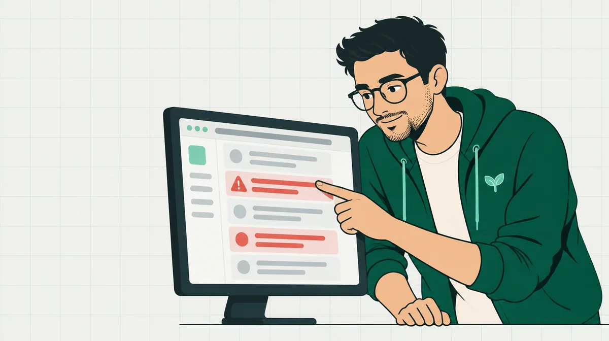 Ein Techniker zeigt ruhig auf einen Bildschirm, auf dem einzelne Zeilen einer Website rot hervorgehoben sind.