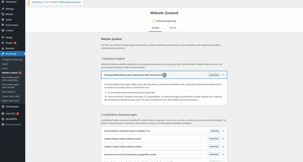 Die Seite „Website-Zustand" im WordPress-Backend mit den Prüfergebnissen