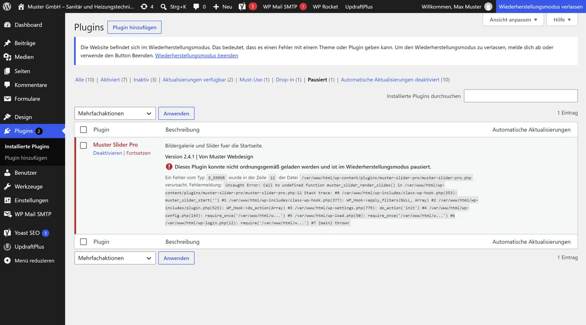 Die Plugin-Liste im Wiederherstellungsmodus zeigt das pausierte Plugin mit der Fehlerdetails-Meldung