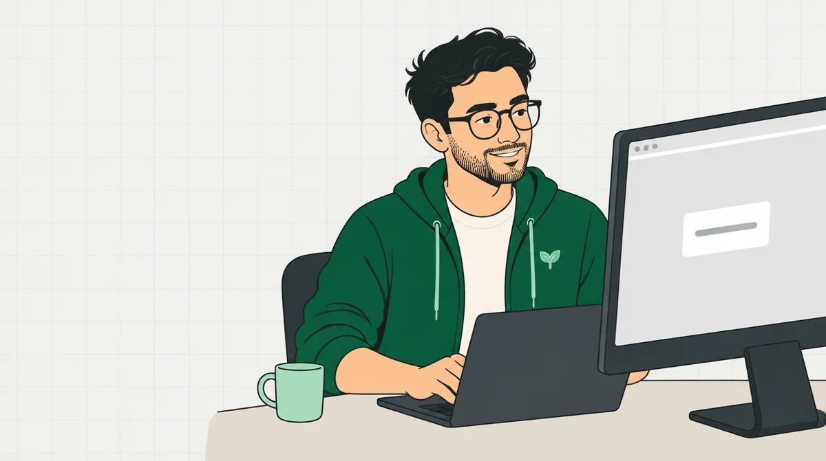 Ein Techniker sitzt vor einem Bildschirm, auf dem nur die WordPress-Meldung „Es gab einen kritischen Fehler auf deiner Website" steht.