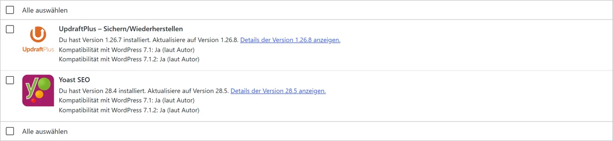 Die Aktualisierungs-Seite einer WordPress-Installation mit zwei ausstehenden Plugin-Updates