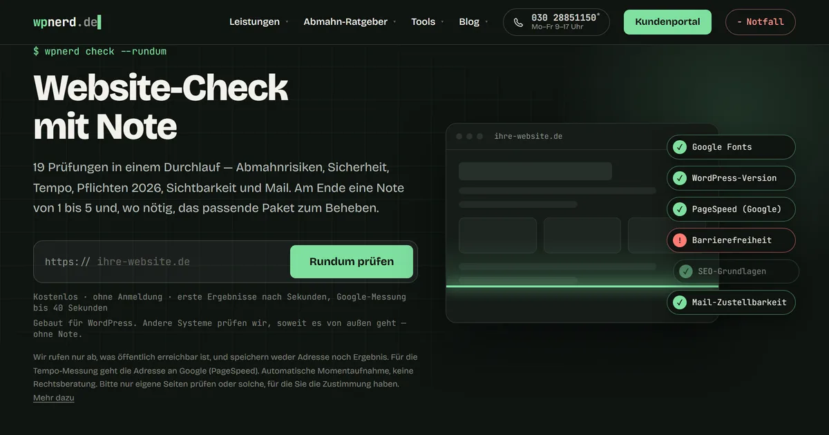 Startansicht des Website-Checks von WP Nerd: ein Adressfeld mit dem Knopf „Rundum prüfen“, daneben Schilder mit den Namen einzelner Prüfungen.